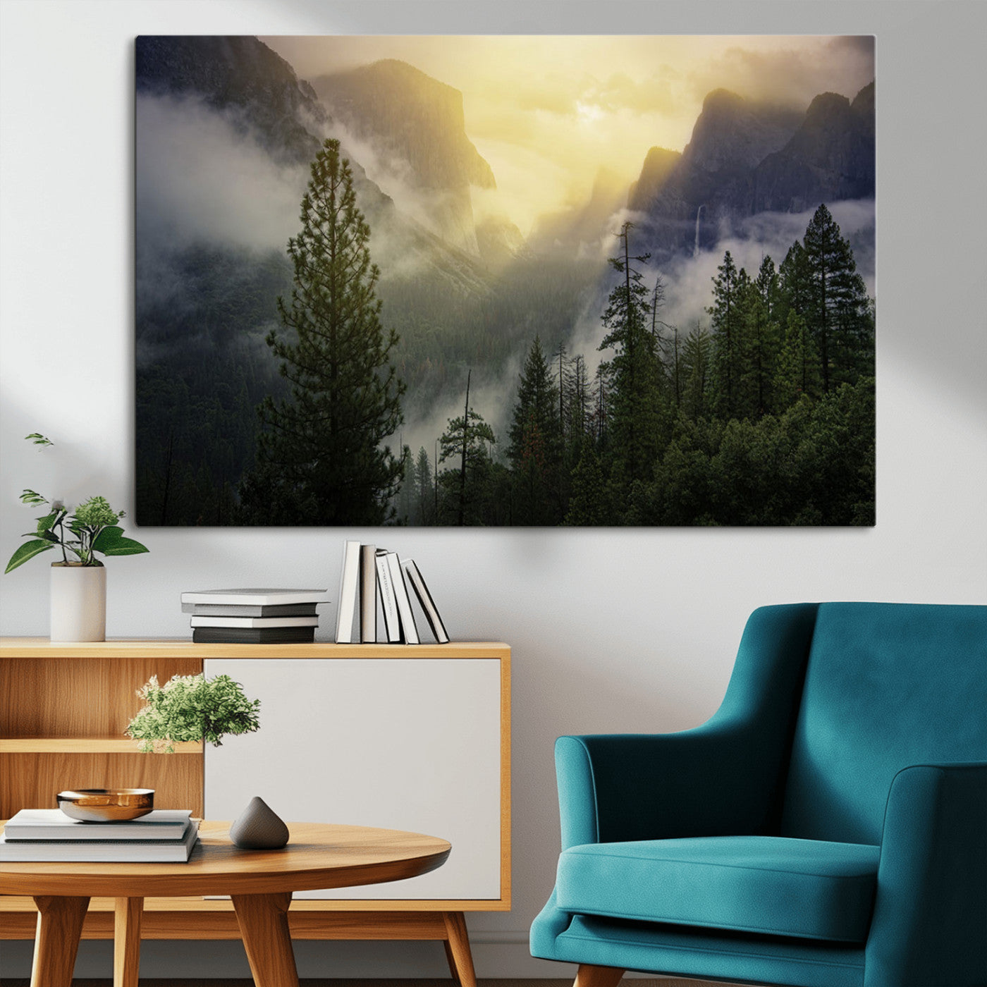 38316884-MGV-CV-36X24-Misty Forest Sunrise Mountain Valley Pine Trees Foggy Landscape Nature Scenic Outdoors Calm Tranquil Wall Art Canvas Print