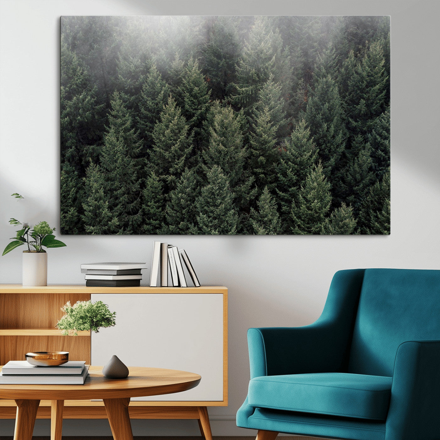 84059409-MGV-CV-36X24-Dense Evergreen Forest Misty Morning Fog Pine Trees Woodland Nature Landscape Calm Peaceful Scenic Wall Art Canvas Print