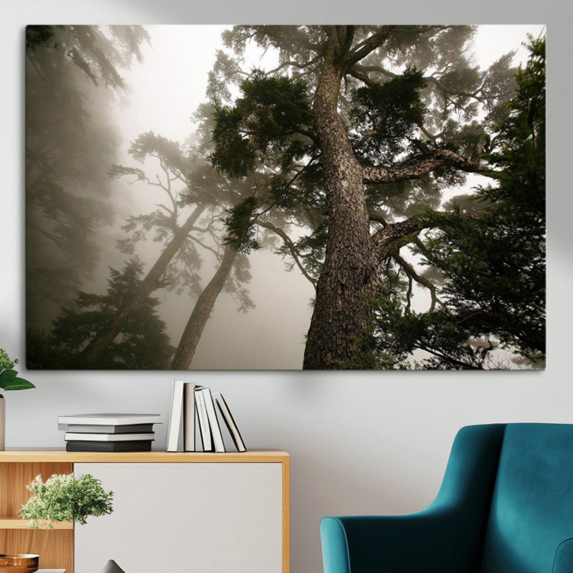 87969493-MGV-CV-36X24-Misty Forest Tall Trees Foggy Atmosphere Nature Serenity Calm Wooded Landscape Tranquil Scene