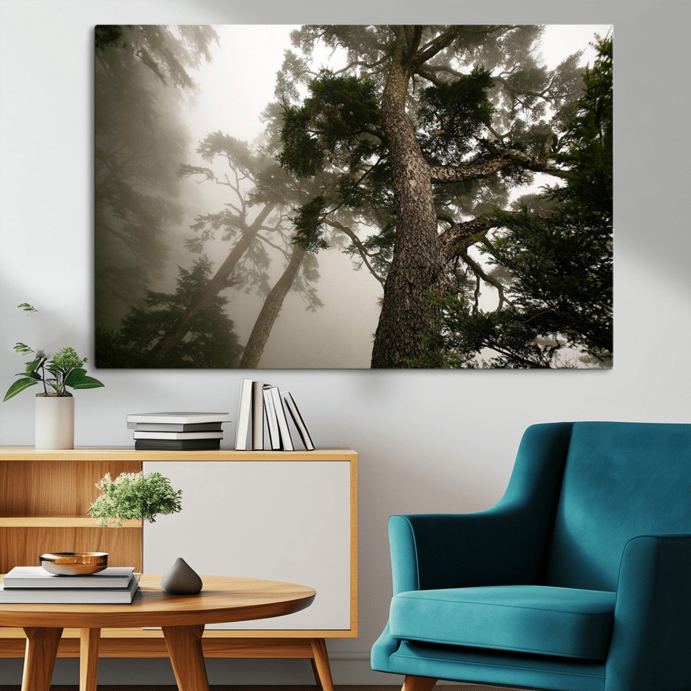 87969493-MGV-CV-36X24-Misty Forest Tall Trees Foggy Atmosphere Nature Serenity Calm Wooded Landscape Tranquil Scene Outdoor Beauty Wall Art Canvas Print