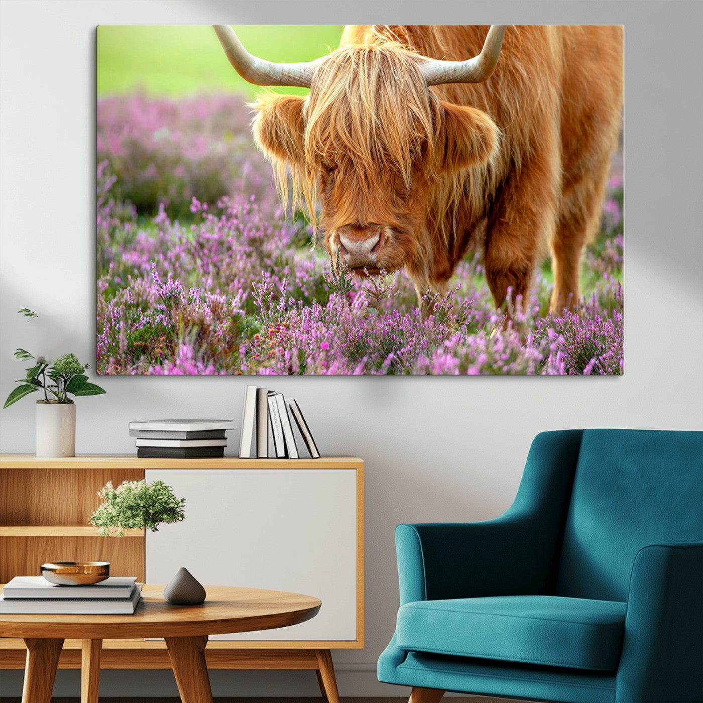 64069351-MGV-CV-36X24-Highland Cow Purple Flowers Nature Pasture Scenic Wildlife Animal Grazing Meadow Calm Rustic Charm Outdoors Peace Wall Art Canvas Print
