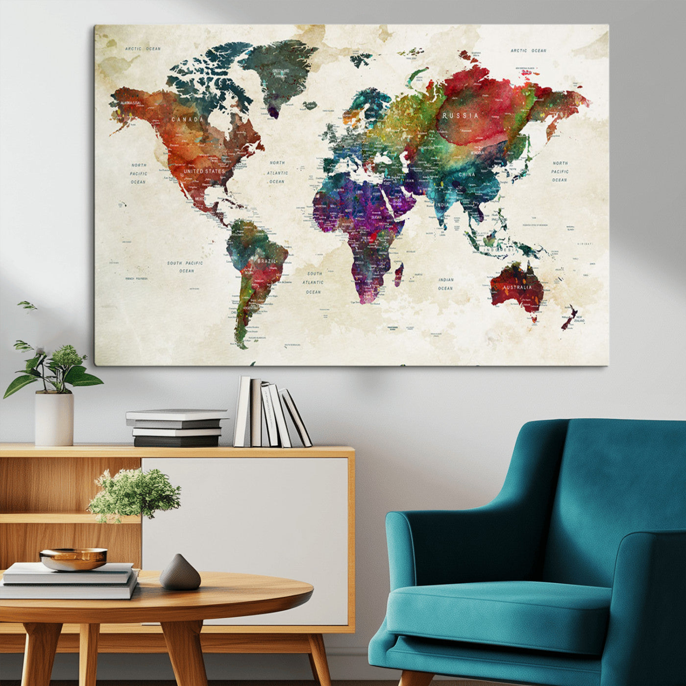 Colorful watercolor world map with countries labeled, featuring rich, vibrant hues across continents on a vintage beige background, Wall Art Canvas Print style.