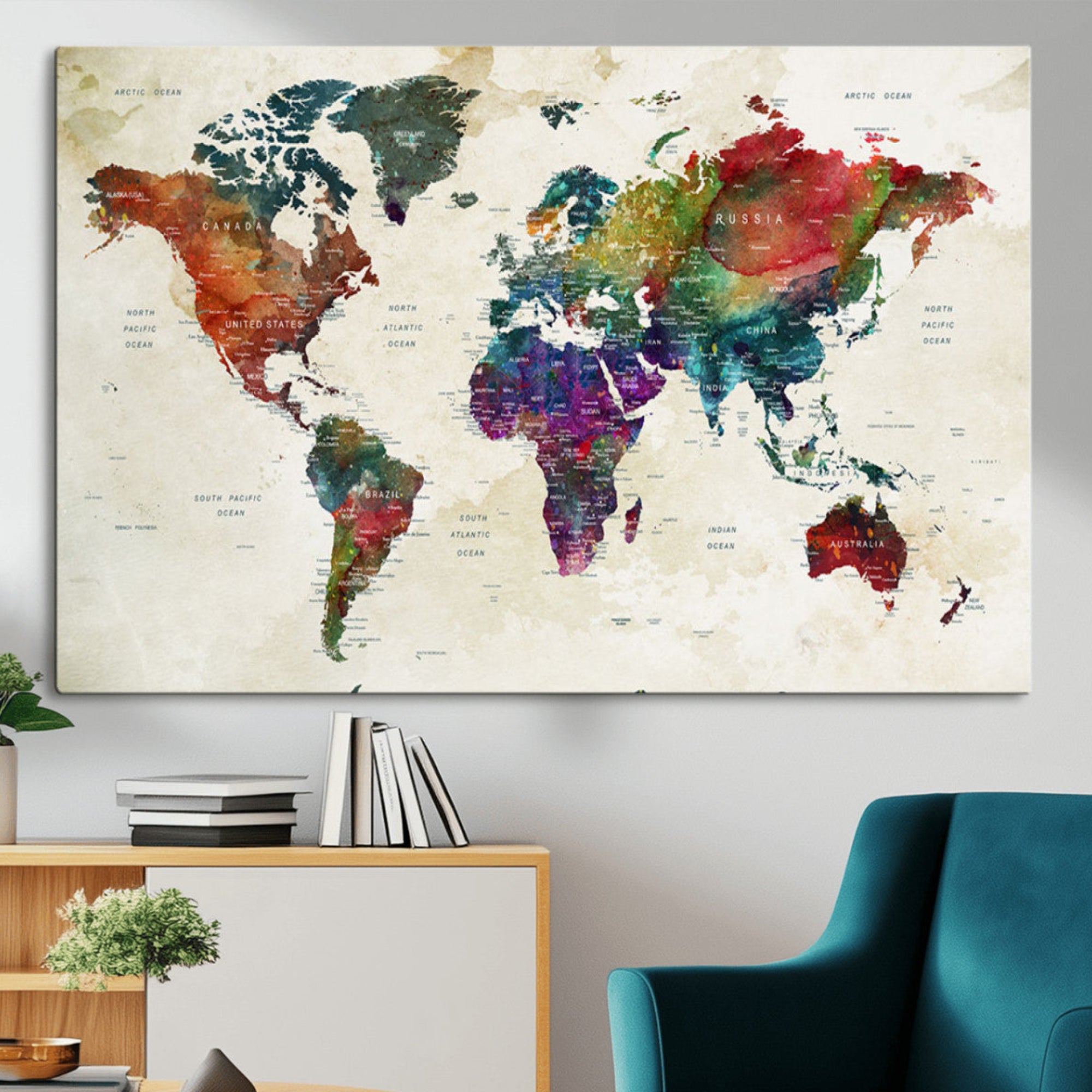 27689508-MGV-CV-36X24-Vibrant Watercolor World Map Wall Art – Stunning Multicolor Globe Canvas Print Decor for Home, Living Room, Office