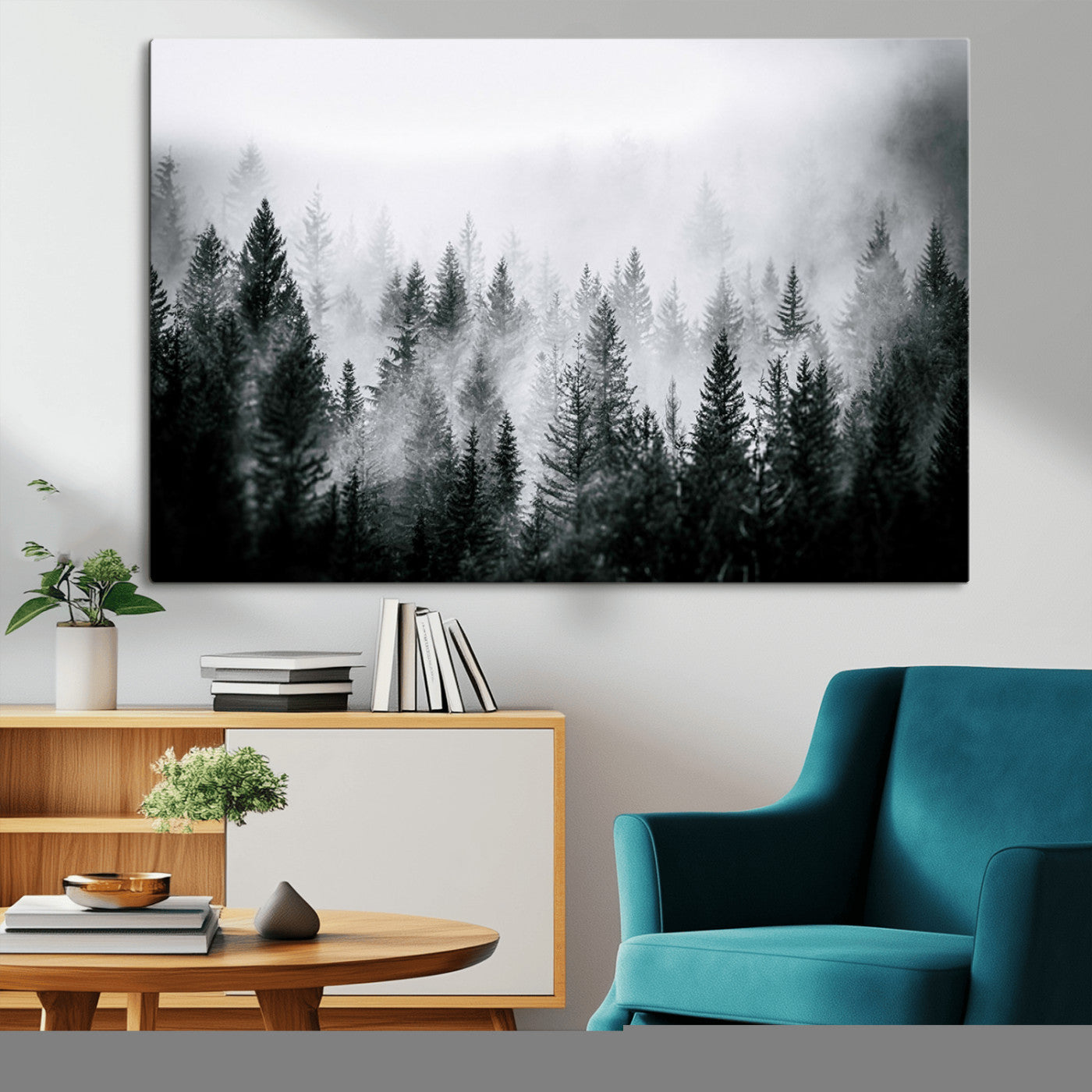 Horizontal black and white canvas wall art of foggy pine forest landscape for modern and rustic home decor