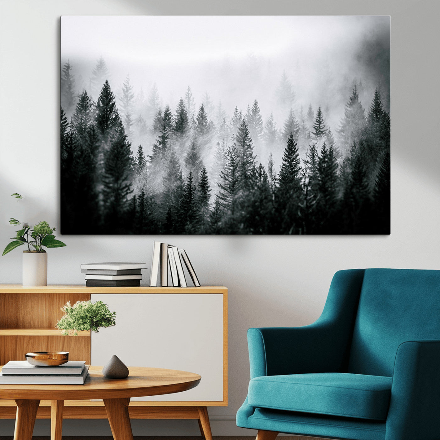 Horizontal black and white canvas wall art of foggy pine forest landscape for modern and rustic home decor