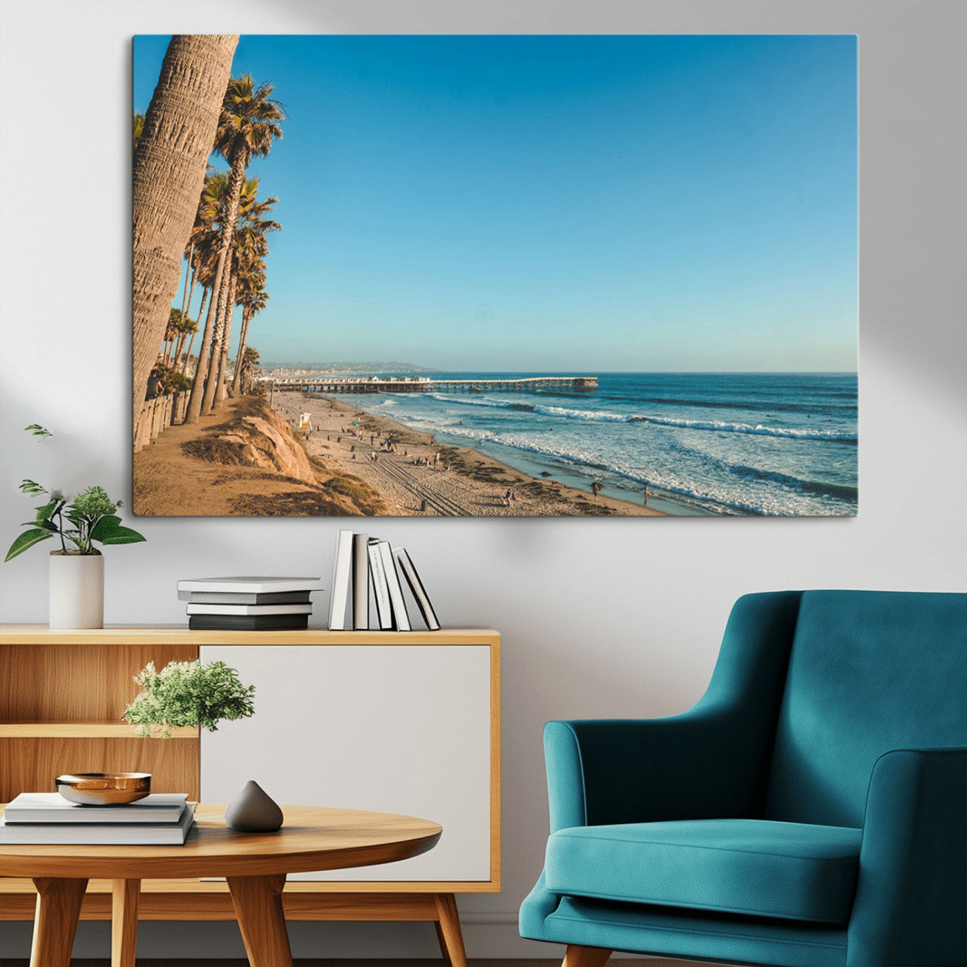 MGV-CV-36X24 - Scenic Beach with Tall Palm Trees, Sandy Shore, and Long Pier Stretching into the Calm Ocean Under