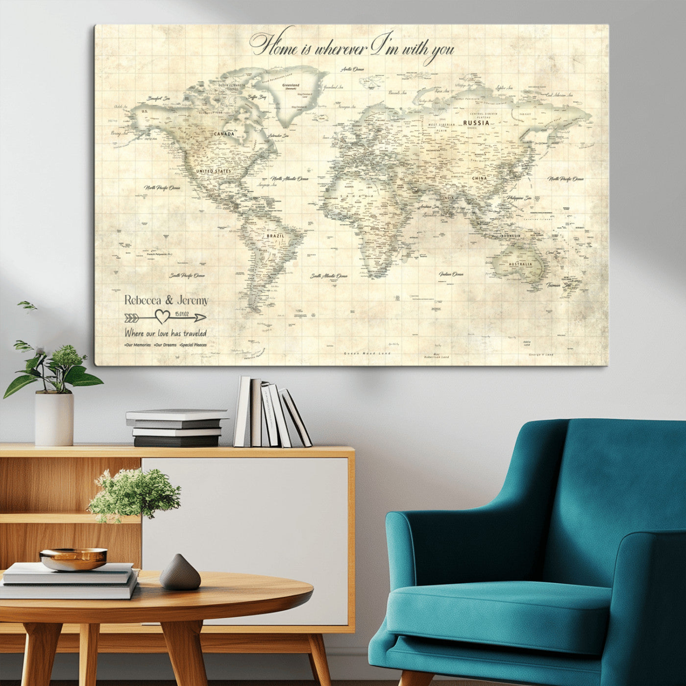 MGV-CV-36X24 - Personalized World Map Wall Art Canvas Print – Custom Push Pin Travel Map for Couples, Families, or Office Décor