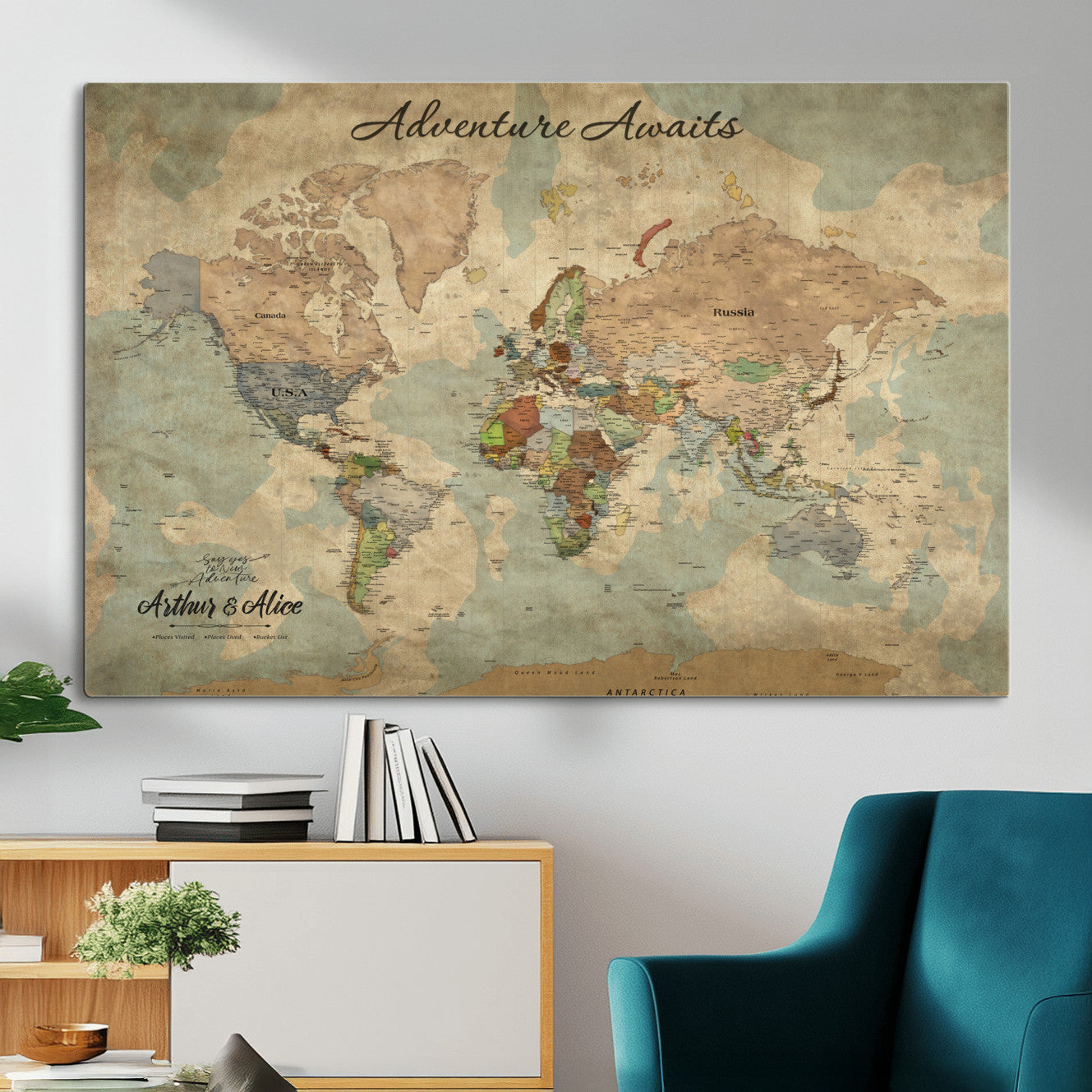 MGV-CV-36X24 - Personalized World Map Wall Art Canvas Print – Custom Push Pin Travel Map for Couples, Families, or Office Décor