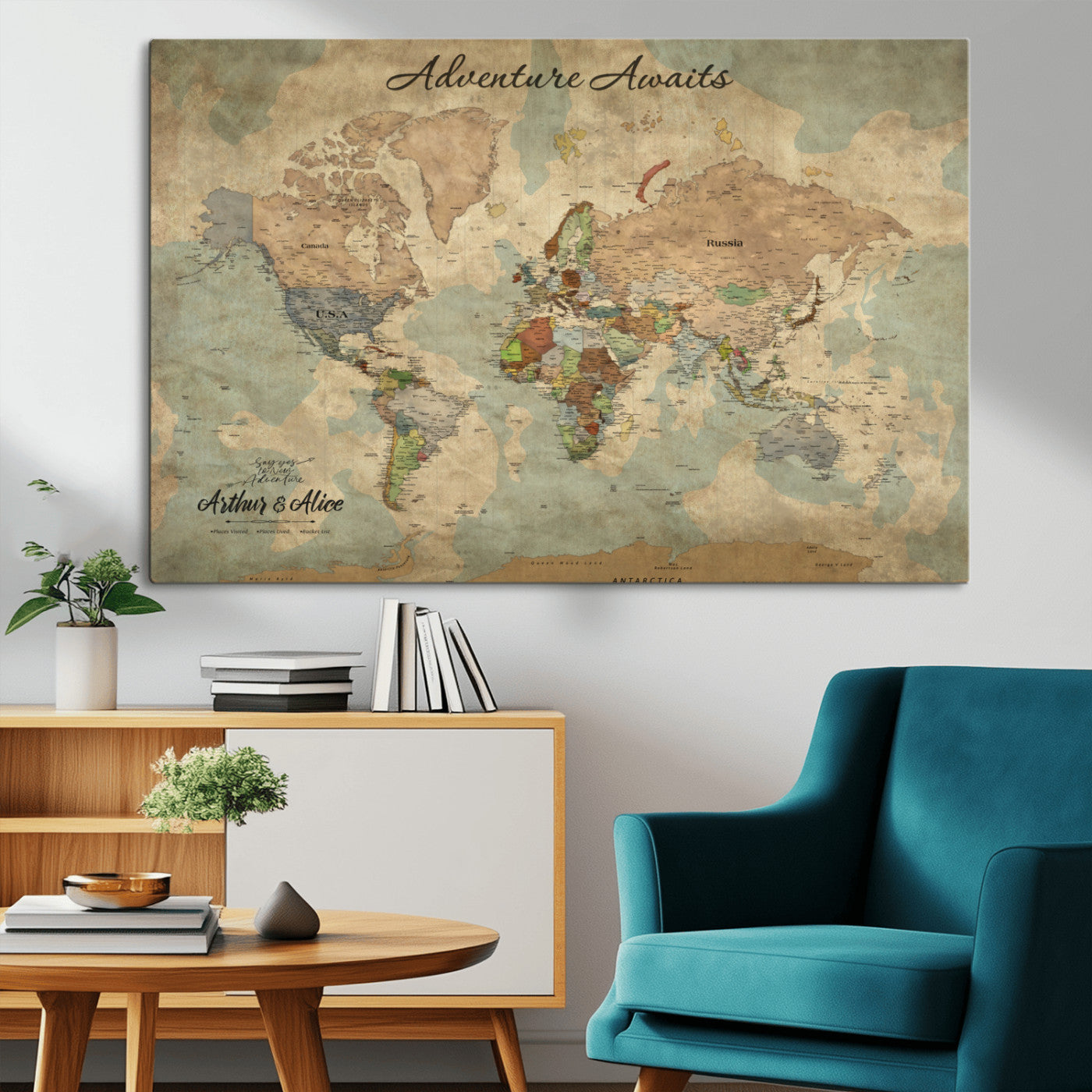 MGV-CV-36X24 - Personalized World Map Wall Art Canvas Print – Custom Push Pin Travel Map for Couples, Families, or Office Décor