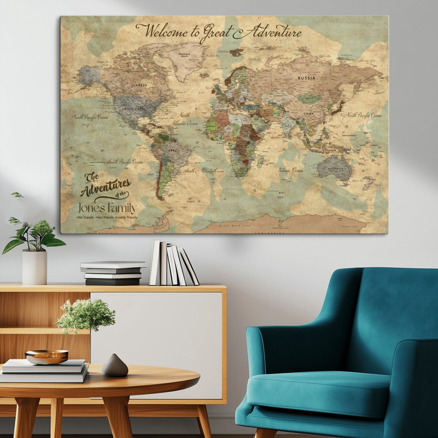MGV-CV-36X24 - Personalized World Map Wall Art Canvas Print – Custom Push Pin Travel Map for Couples, Families, or Office Décor
