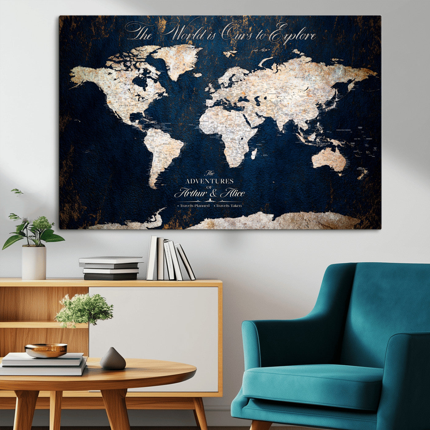 MGV-CV-36X24 - Personalized World Map Wall Art Canvas Print – Custom Push Pin Travel Map for Couples, Families, or Office Décor