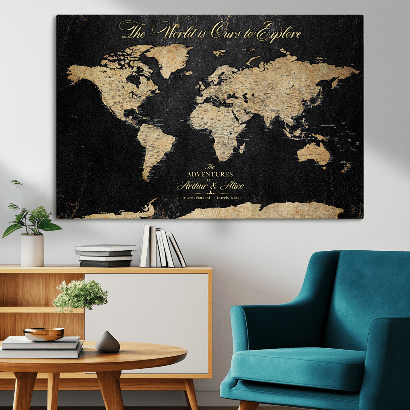 MGV-CV-36X24 - Personalized World Map Wall Art Canvas Print – Custom Push Pin Travel Map for Couples, Families, or Office Décor