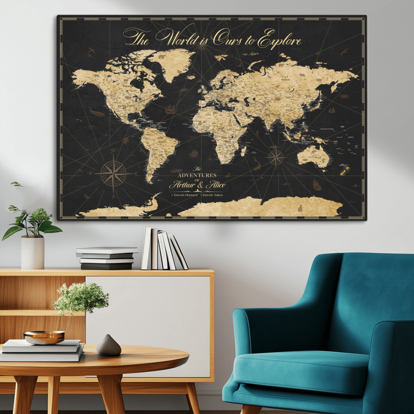 MGV-CV-36X24 - Personalized World Map Wall Art Canvas Print – Custom Push Pin Travel Map for Couples, Families, or Office Décor