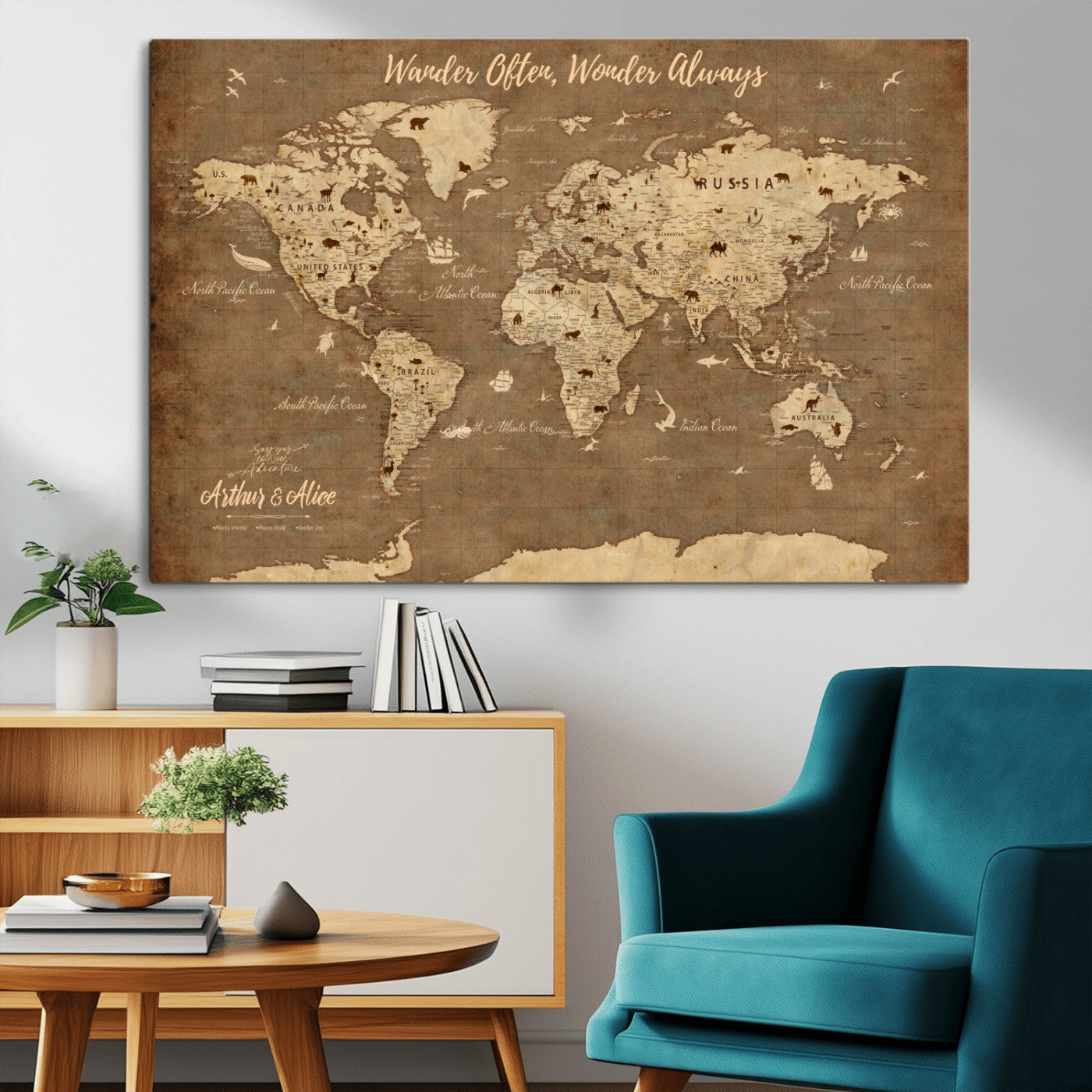 MGV-CV-36X24 - Personalized World Map Wall Art Canvas Print – Custom Push Pin Travel Map for Couples, Families, or Office Décor