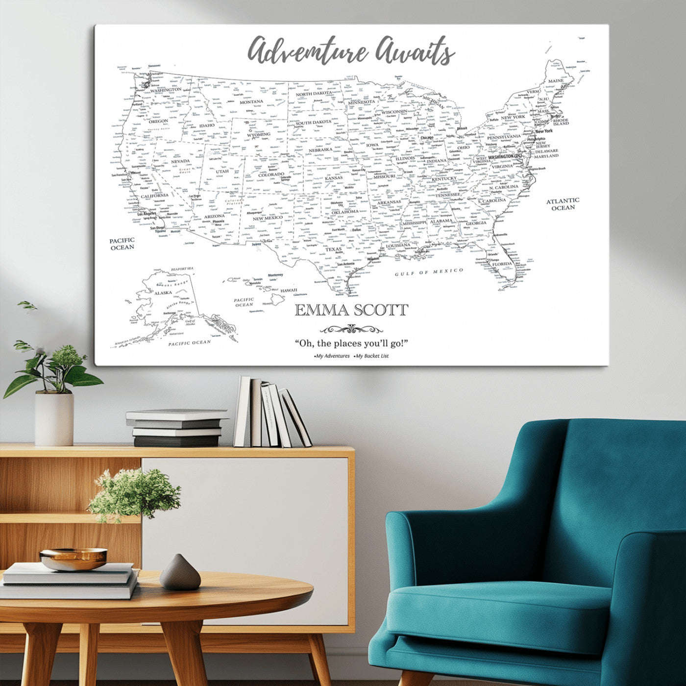 MGV-CV-36X24 - Personalized US Map Wall Art Canvas Print – Custom Push Pin Travel United States US Map for Couples, Families, or Office Décor