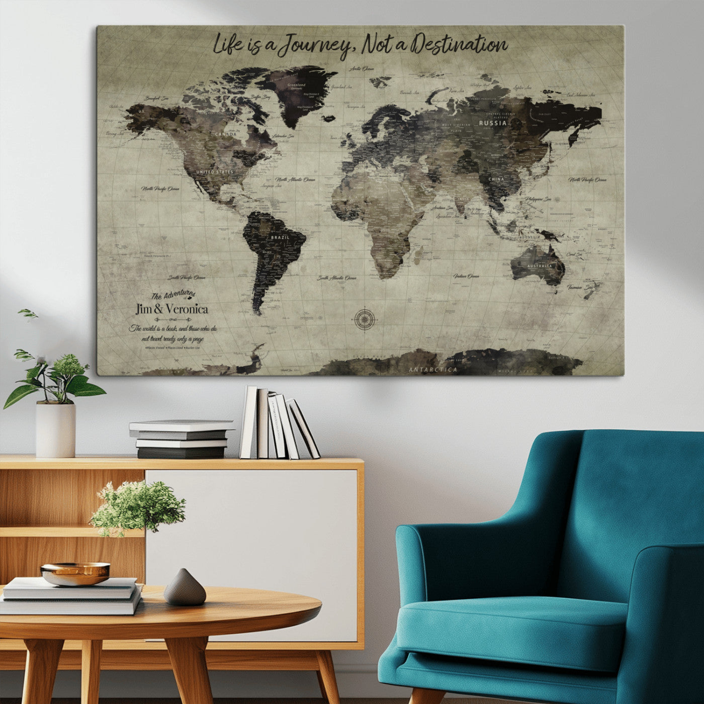 MGV-CV-36X24 - Personalized World Map Wall Art Canvas Print – Custom Push Pin Travel Map for Couples, Families, or Office Décor