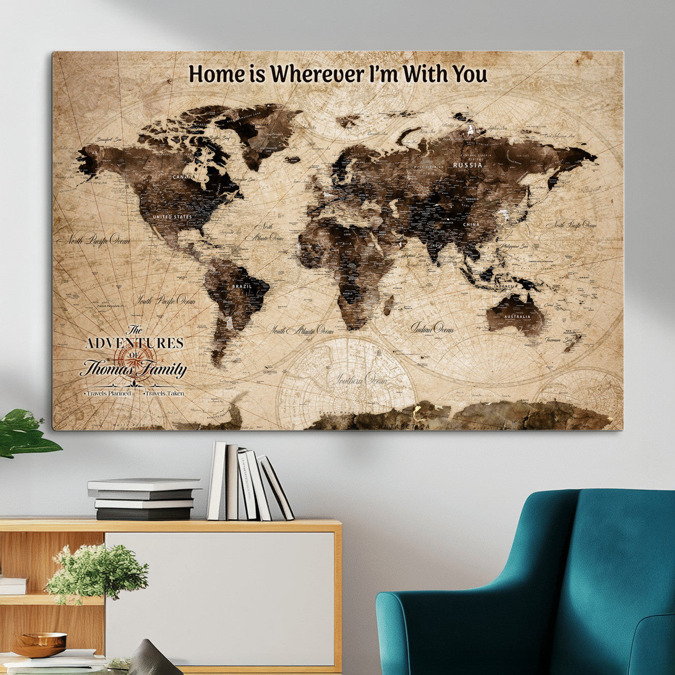 31398786-MGV-CV-36X24 - Personalized World Map Wall Art – Custom Framed Push Pin Travel Tracker Canvas Print Unique Gift for Home, Office