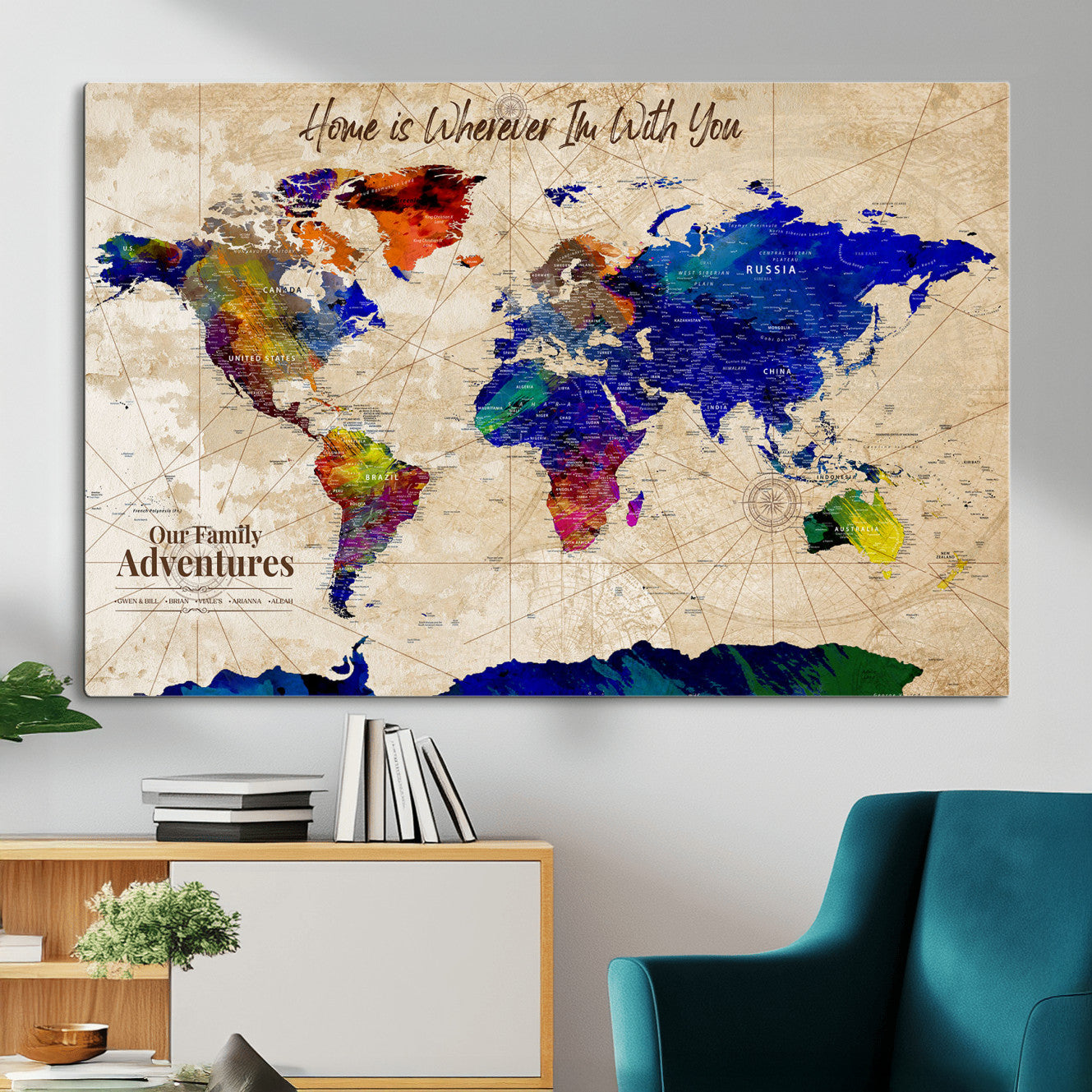 42795268-MGV-CV-36X24 - Personalized Push Pin World Map Canvas Print – Custom Adventure Travel Map, Framed Wall Art Gift for Couples or Family
