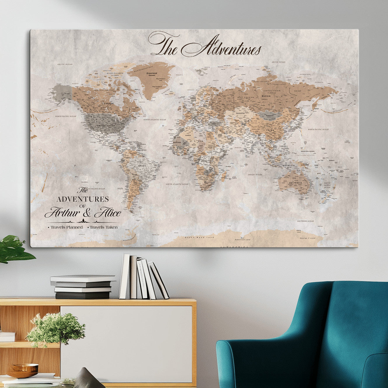 91774967-MGV-CV-36X24 - Personalized Push Pin World Map Canvas Print – Custom Framed Travel Tracker Artwork for Couples or Home Decor