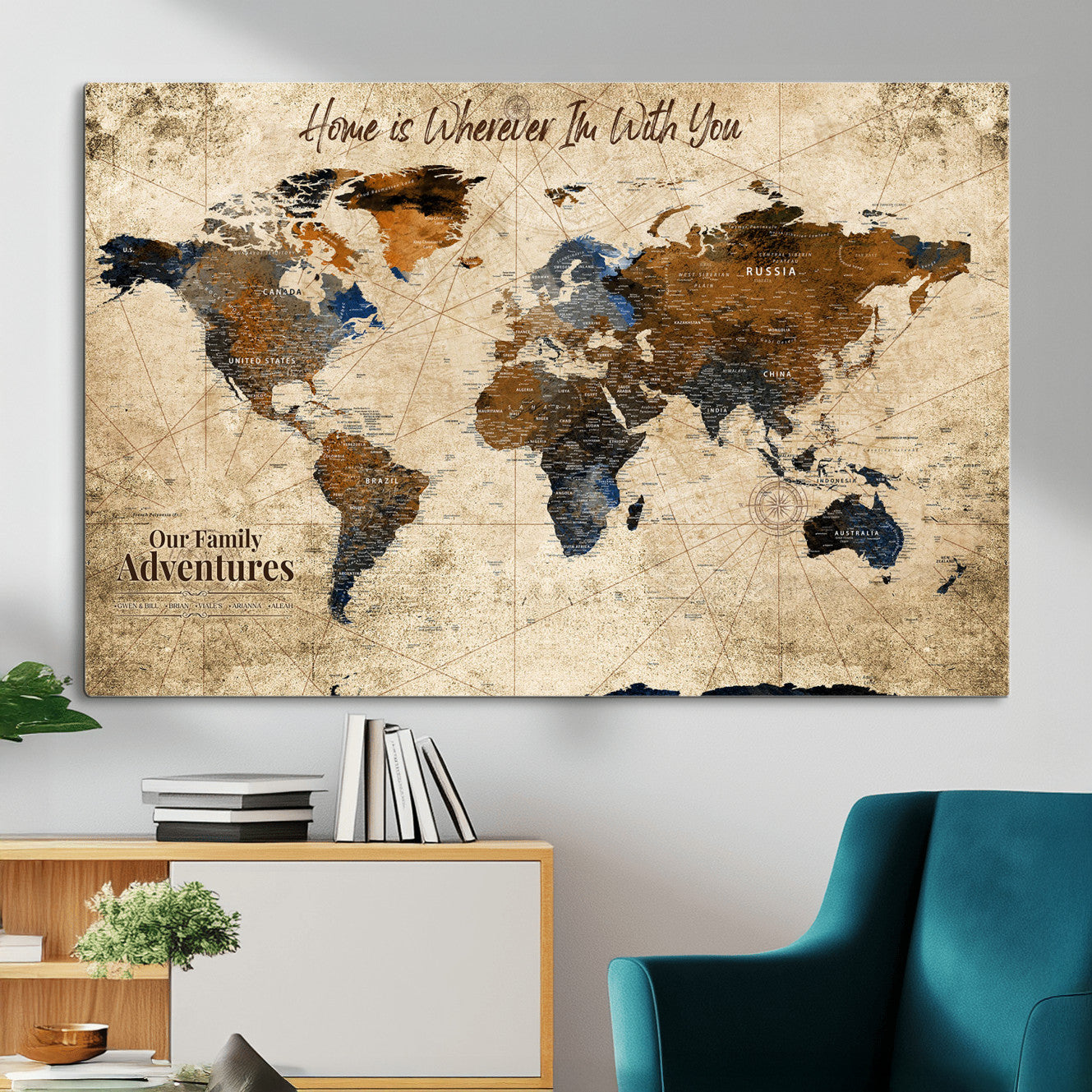 23631534-MGV-CV-36X24 - Customized Push Pin World Map Wall Art Canvas Print with Pins, Personalized Travel Tracker Map, Framed World Map for Living Room, Office and Home Decor