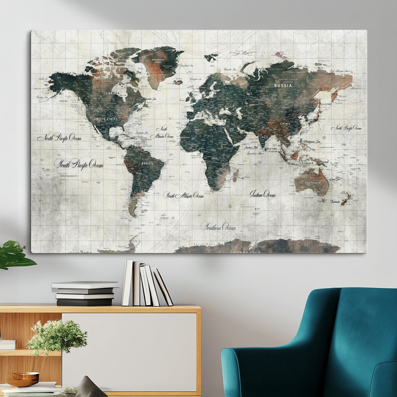 90149079-MGV-CV-36X24 - World Map Wall Art Canvas Print, Modern Decorative Framed Map Artwork Prints for Living Room, Office, Bedroom Wall Decor