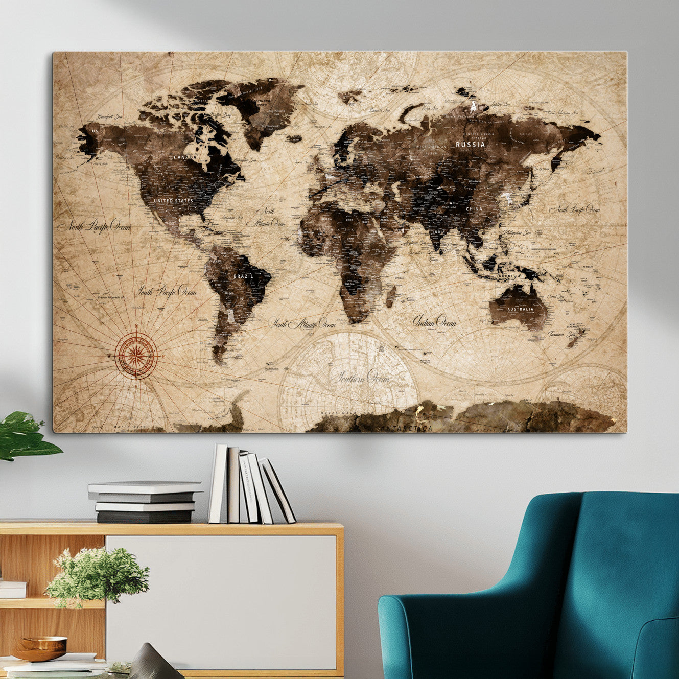 97114757-MGV-CV-36X24 - World Map Wall Art Canvas Print, Modern Decorative Framed Map Artwork Prints for Living Room, Office, Bedroom Wall Decor