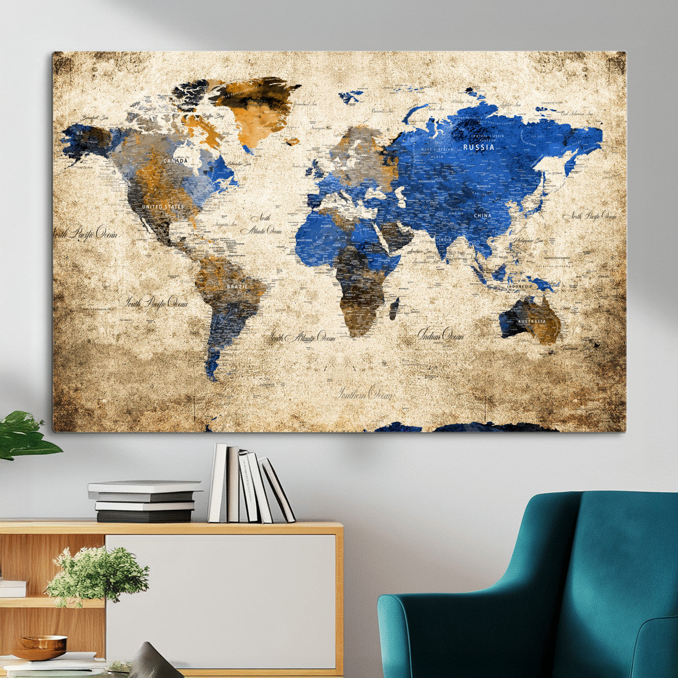 13564339-MGV-CV-36X24 - World Map Wall Art Canvas Print, Modern Decorative Framed Map Artwork Prints for Living Room, Office, Bedroom Wall Decor