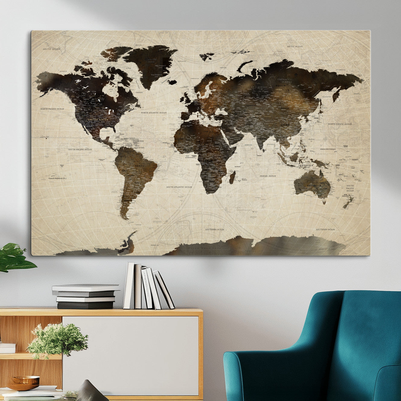 81771296-MGV-CV-36X24 - World Map Wall Art Canvas Print, Modern Decorative Framed Map Artwork Prints for Living Room, Office, Bedroom Wall Decor
