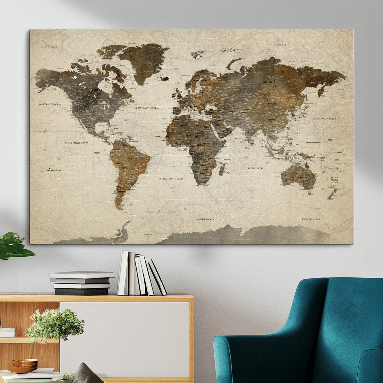 91849163-MGV-CV-36X24 - World Map Wall Art Canvas Print, Modern Decorative Framed Map Artwork Prints for Living Room, Office, Bedroom Wall Decor