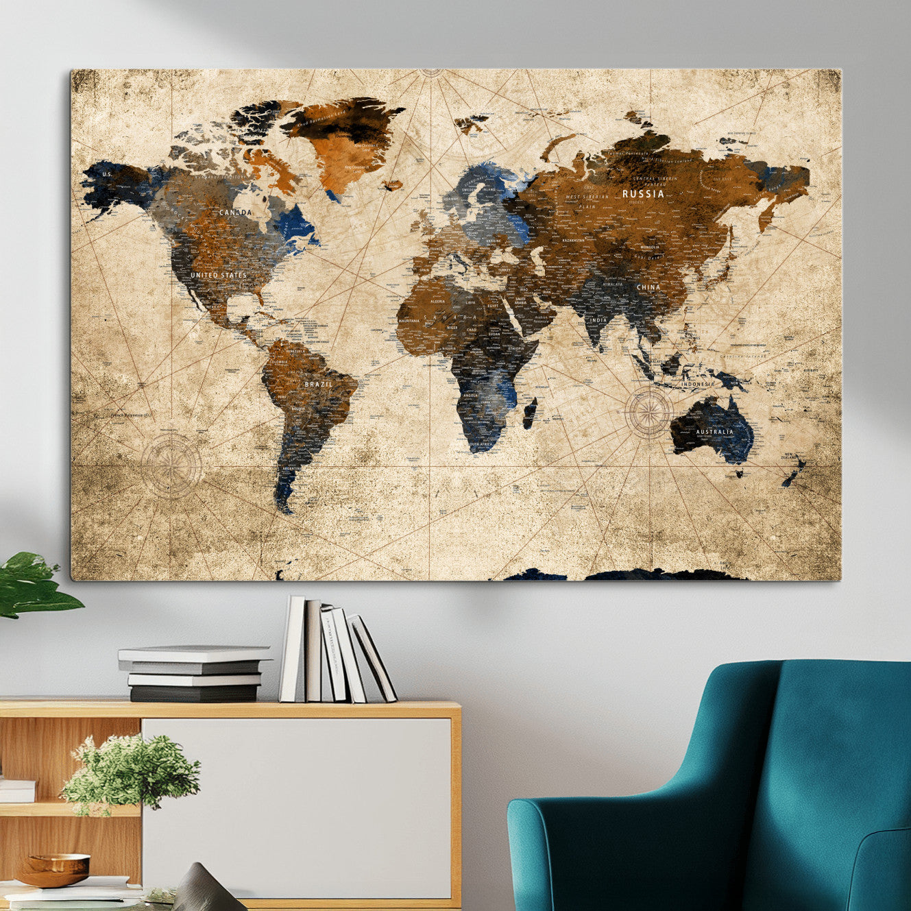 56297284-MGV-CV-36X24 - World Map Wall Art Canvas Print, Modern Decorative Framed Map Artwork Prints for Living Room, Office, Bedroom Wall Decor