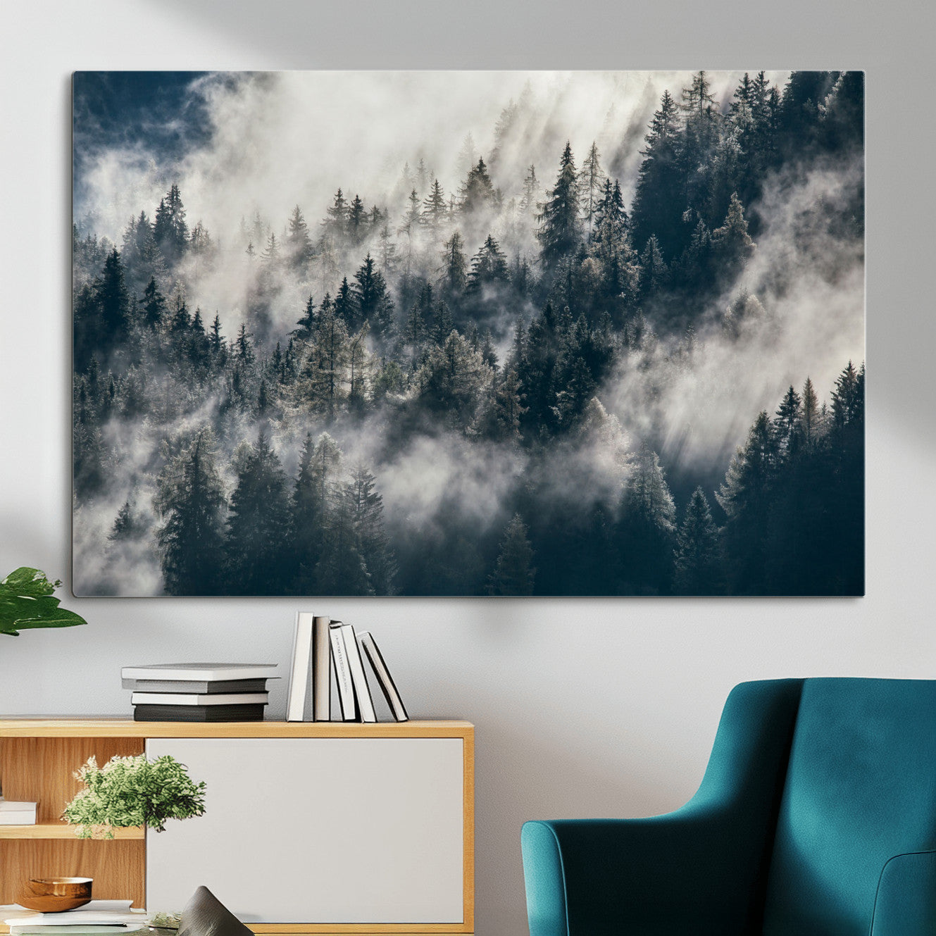 270372951-MGV-CV-36X24 - Misty Pine Forest Canvas Wall Art – Dark Forest Mountaing and Nature Landscape Print, Horizontal Canvas Print