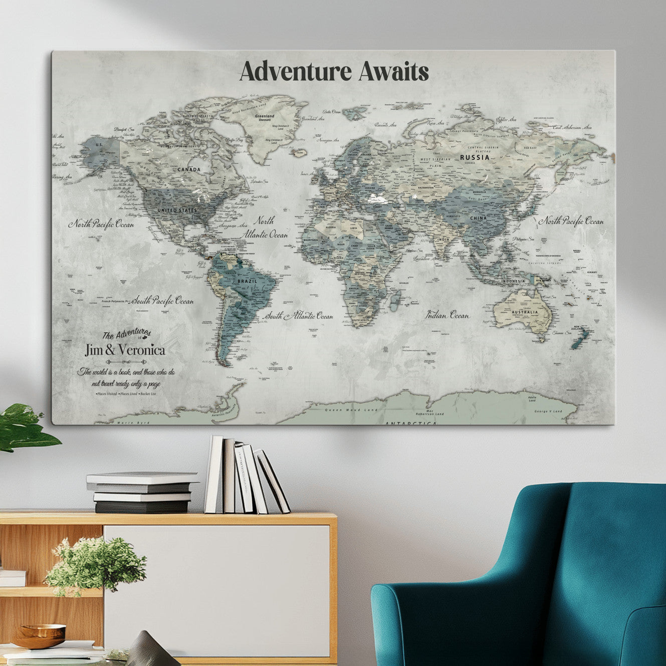 99034689-MGV-CV-36X24 - Customized Push Pin World Map Wall Art Canvas Print with Pins, Framed Personalize Travel Tracker Map, World Map for Living Room and Office Decor