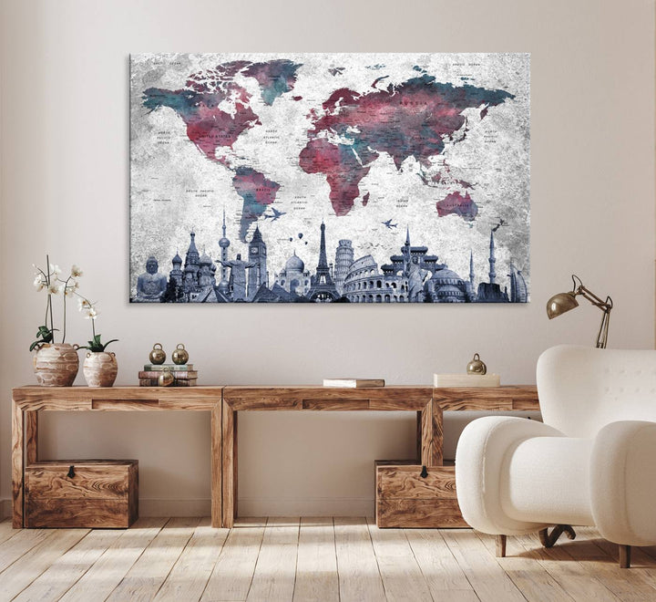 The dining room features a Blue Multipanel World Map Wall Art Canvas Print that adorns the wall, highlighting its neutral decor.