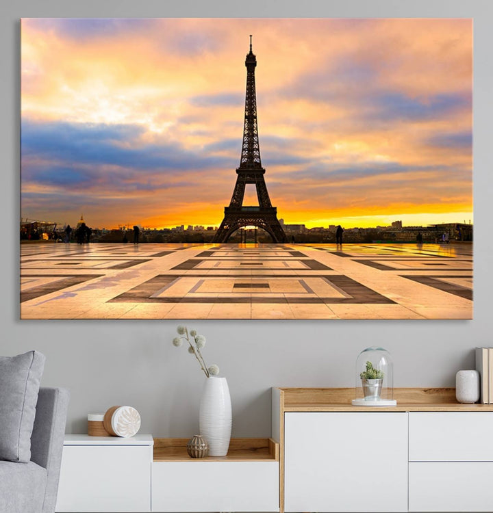 The "Paris Eiffel Tower Wall Art Canvas Prints" graces a wooden wall reminiscent of abstract expressionism.