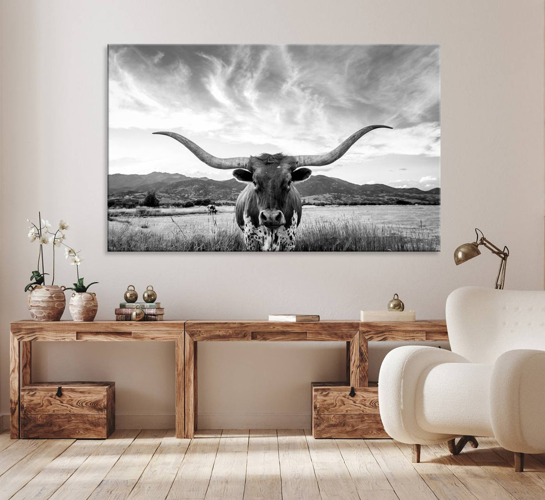 Longhorn Cow Wall Art Canvas Print Farmhouse Wall Art - Texas Longhorn Wall Art Print