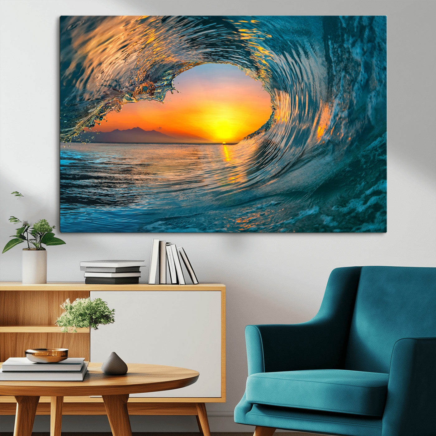 MGV-CV-36X24 - Ocean Wave Sunset Wall Art | Large Coastal Wave Canvas Print | 3-Panel Ocean Sunset Seascape for