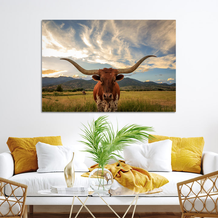 Texas Longhorn Canvas Wall Art – Majestic Triptych Animal Print – Rustic Western Decor for Living Room or Office – Ready to Hang
