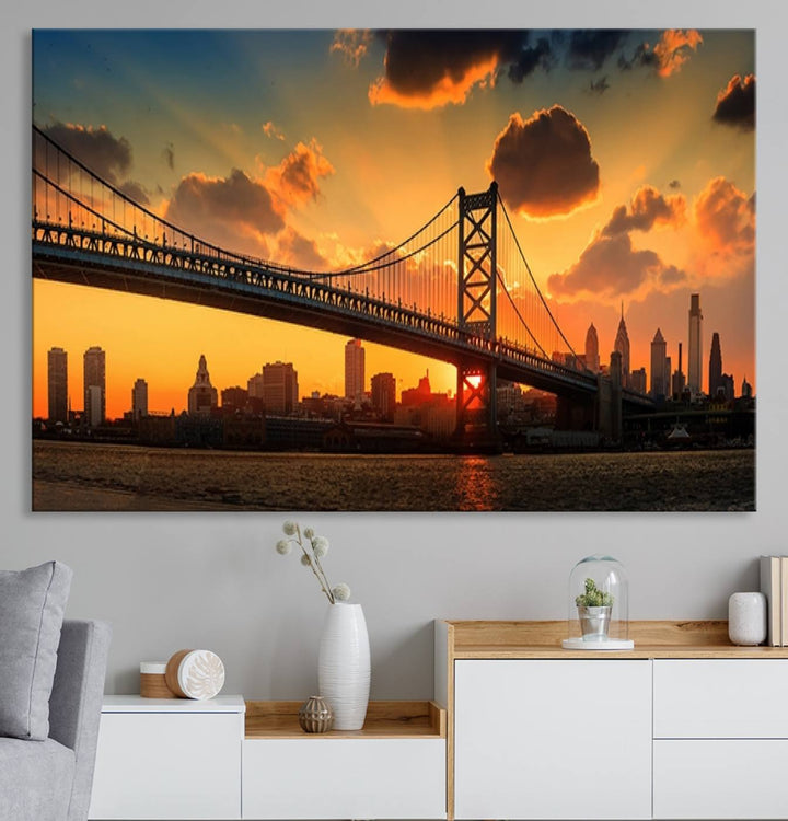 The Philadelphia Ben Franklin Bridge Wall Art Canvas Print radiates charm, embodying the beauty of premium canvas. This handmade-in-the-USA artwork captures attention with its distinct presence.