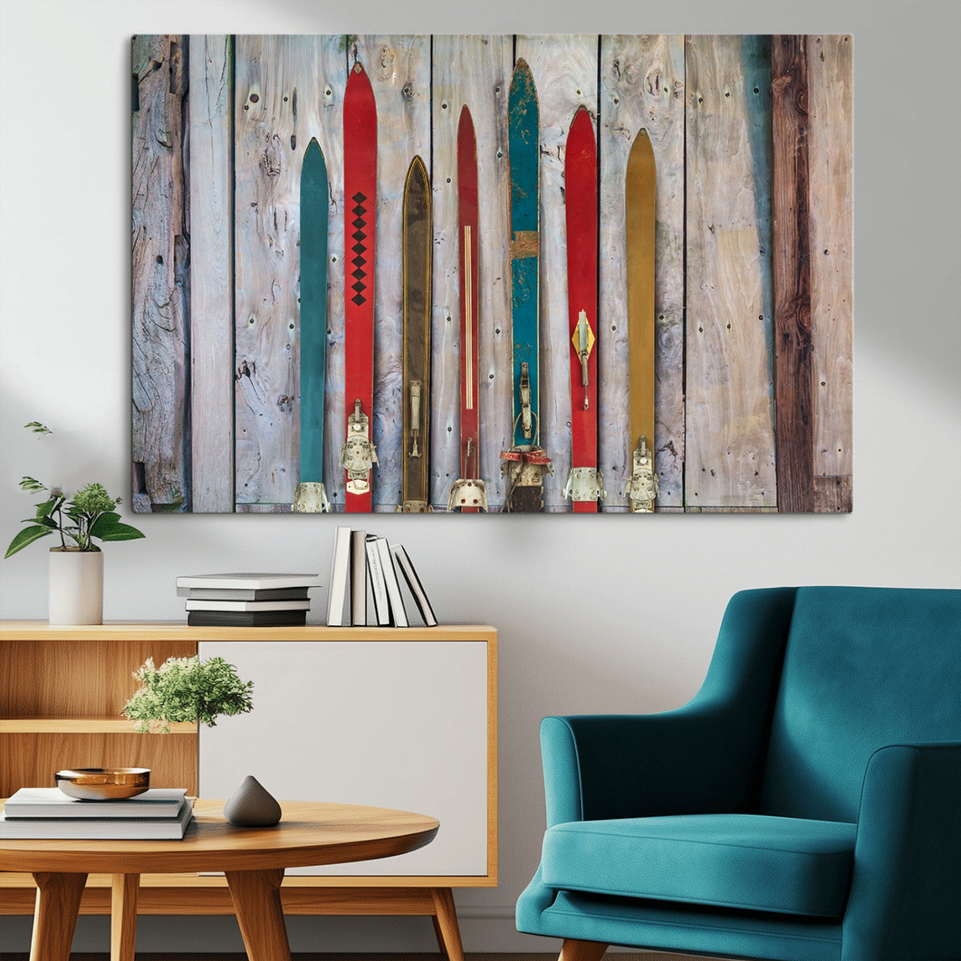 MGV-CV-36X24 - Vintage Wooden Weathered Ski's in Front of an Old Barn Wall Art Canvas Print for Farmhouse, Cabin