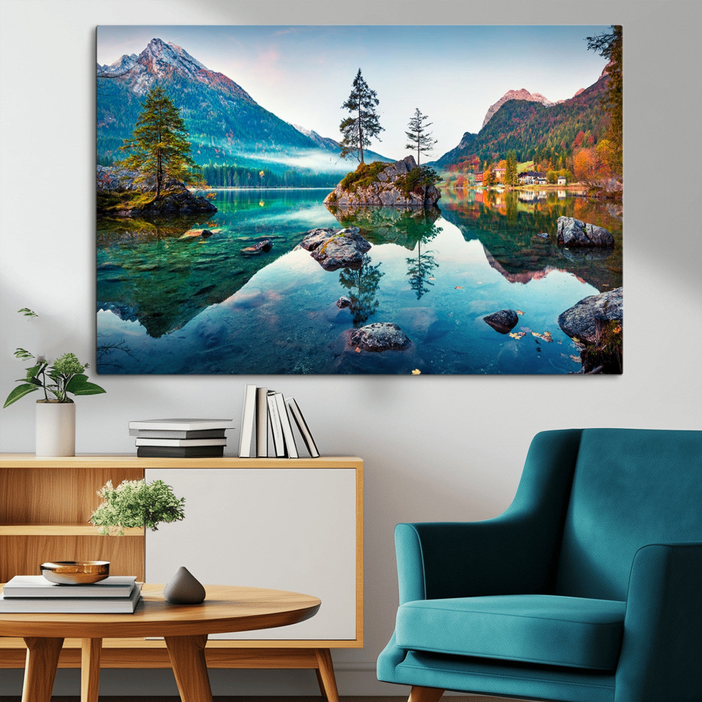 -Crystal Clear Lake Wall Art | Mountains Wall Art Canvas | 3 Panel Large Landscape Print for Dining
