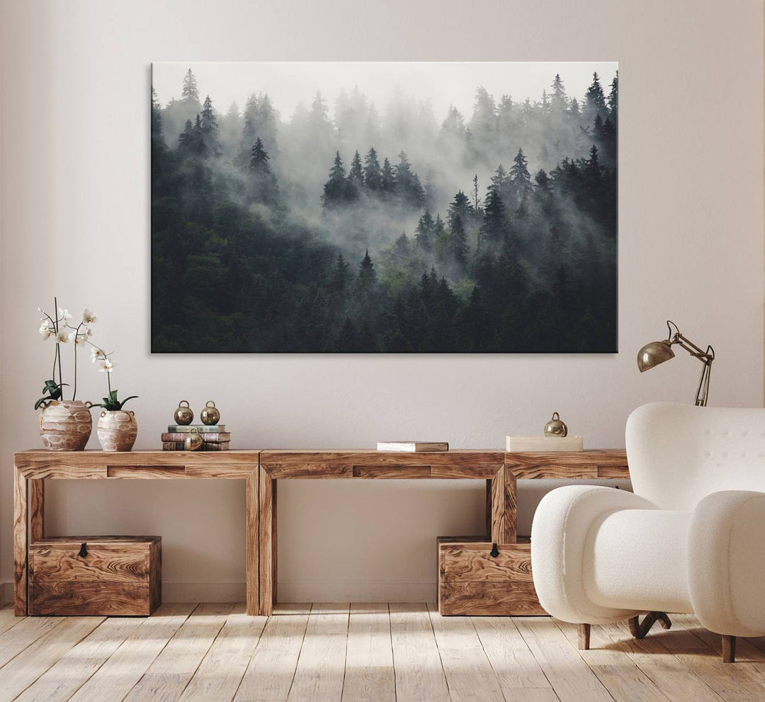 The Serene Triptych Print features tall evergreens, creating a mysterious and calming atmosphere.