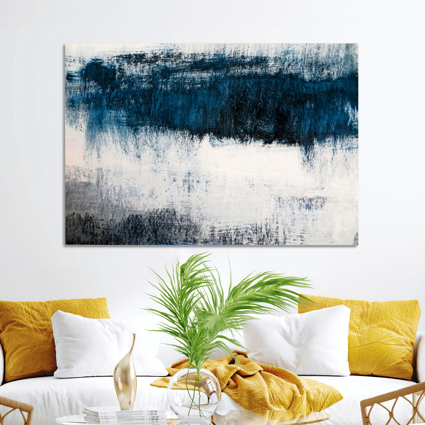 38954-MGV-CV-36X24-Abstract Blue and White Canvas Art | Large Wall Art for Modern Living Room Decor | Minimalist Brushstroke Painting on Canvas