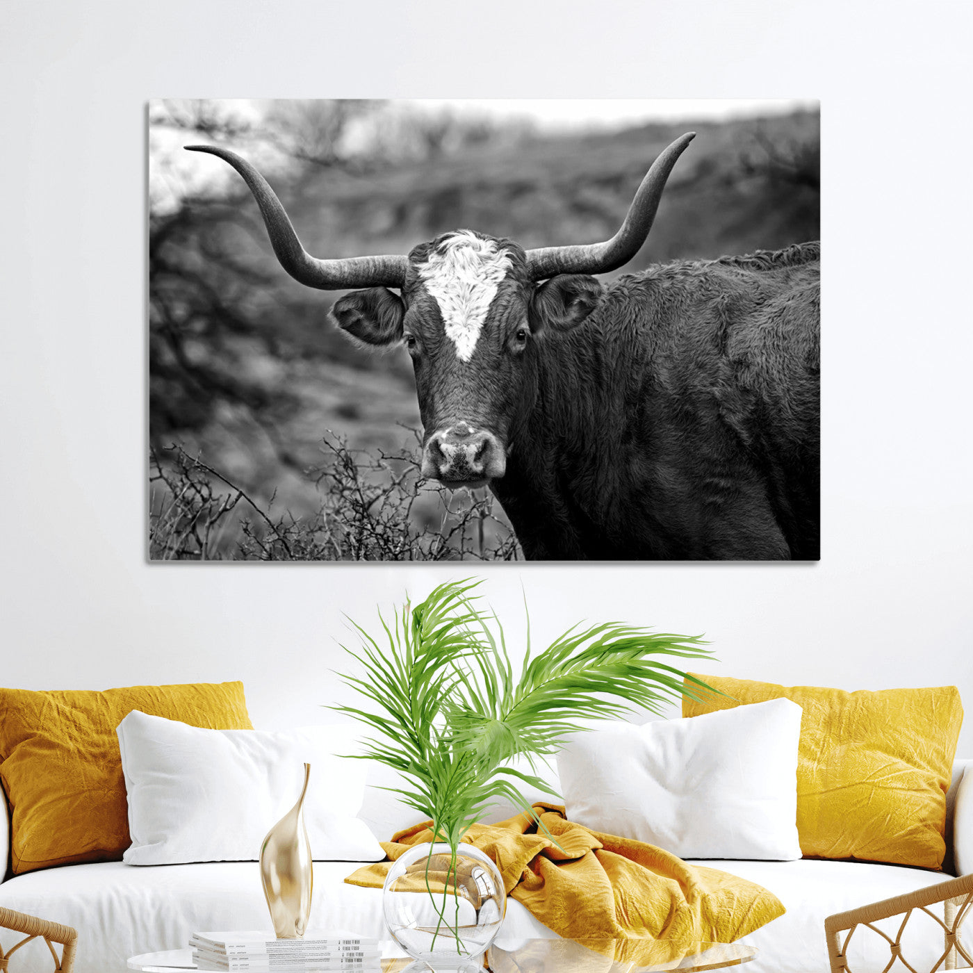 76200-MGV-CV-36X24-Western Home Wall Art Canvas Print, Framed Texas Longhorn Art Picture Print, Rustic Cow Perfect Rustic Farmhouse Decor Artwork