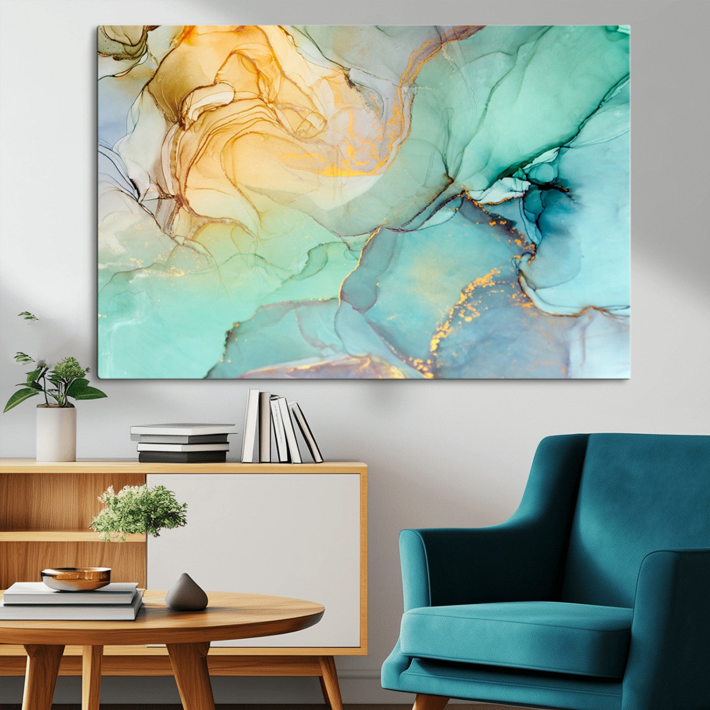 MGV-CV-36X24 - Abstract Aqua and Gold Fluid Wall Art Canvas | 3 Panel Large Canvas Print for Living Room, Office,