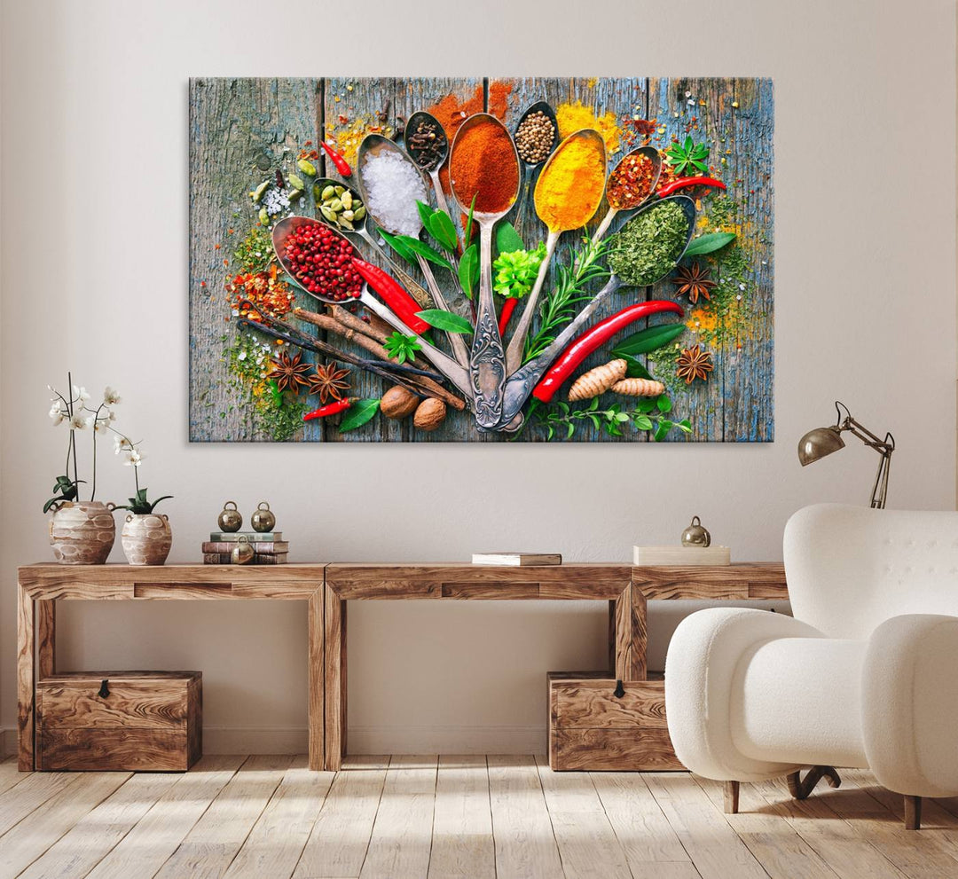 Vibrant Spoonful of Spices kitchen wall art canvas, a culinary triptych ideal for any dining room decor.