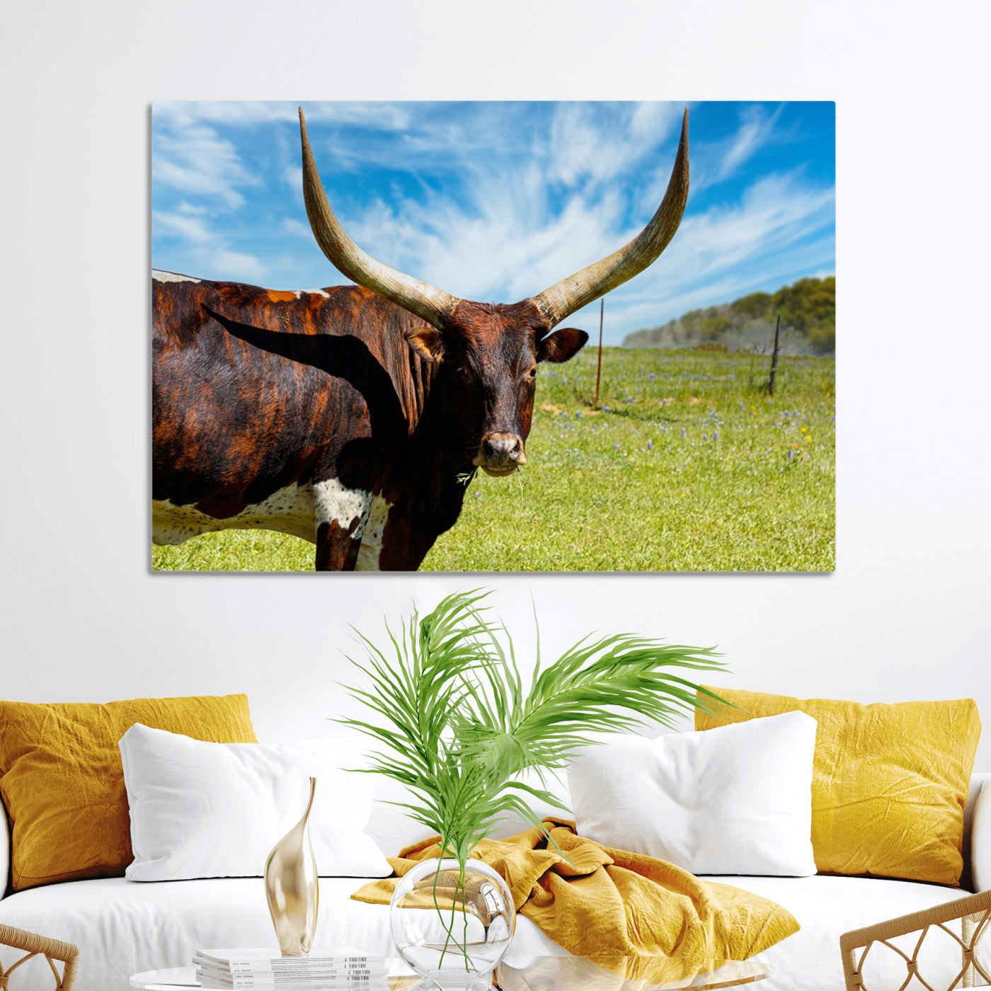47037-MGV-CV-36X24-Longhorn and Cow Wall Art, Country Cow Wall Decor Canvas Print