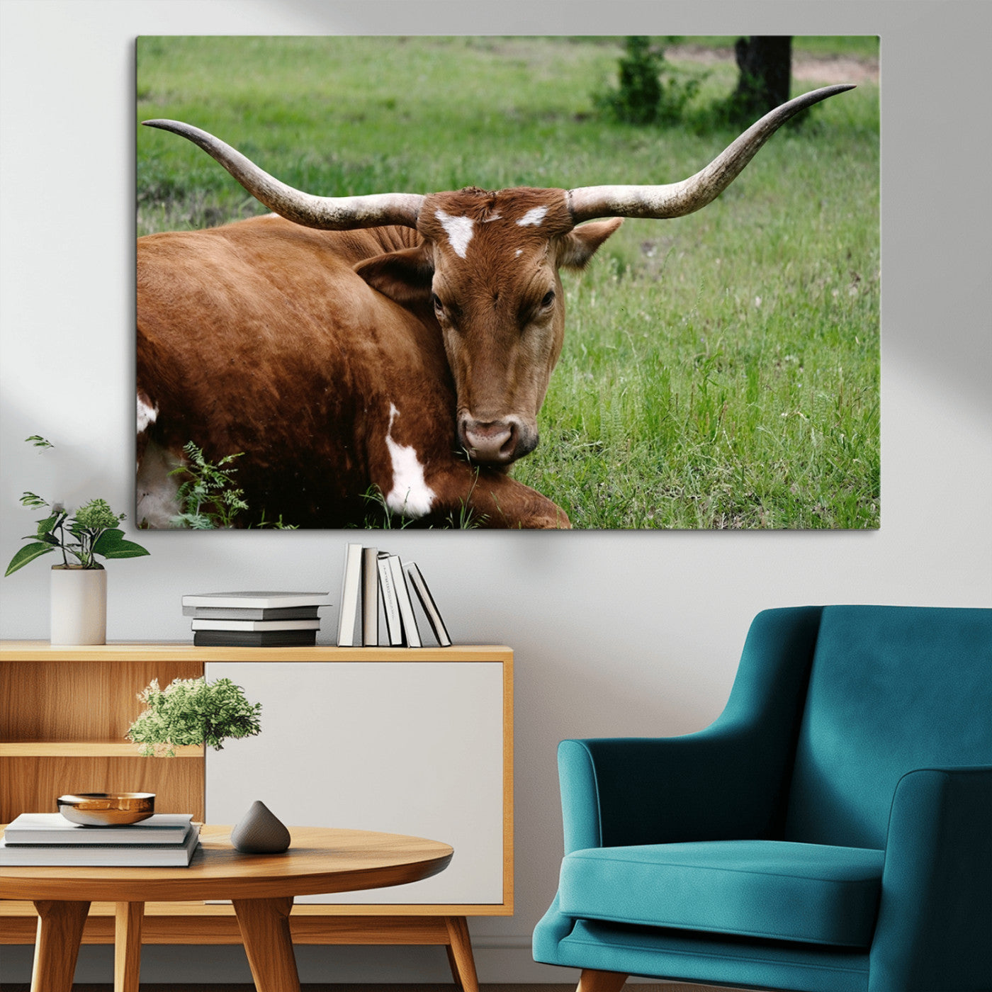 MGV-CV-36X24 - Longhorn Steer Canvas Wall Art – Rustic Nature Triptych Decor for Living Room or Office – Ready to