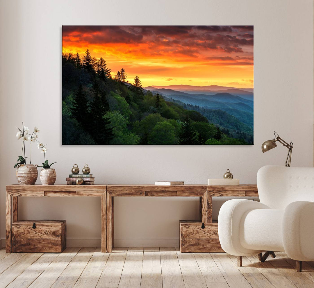 The Great Smoky Mountains Sunset Wall Art, a 3-panel print, beautifully captures natures beauty and is perfect for living room or office decor.