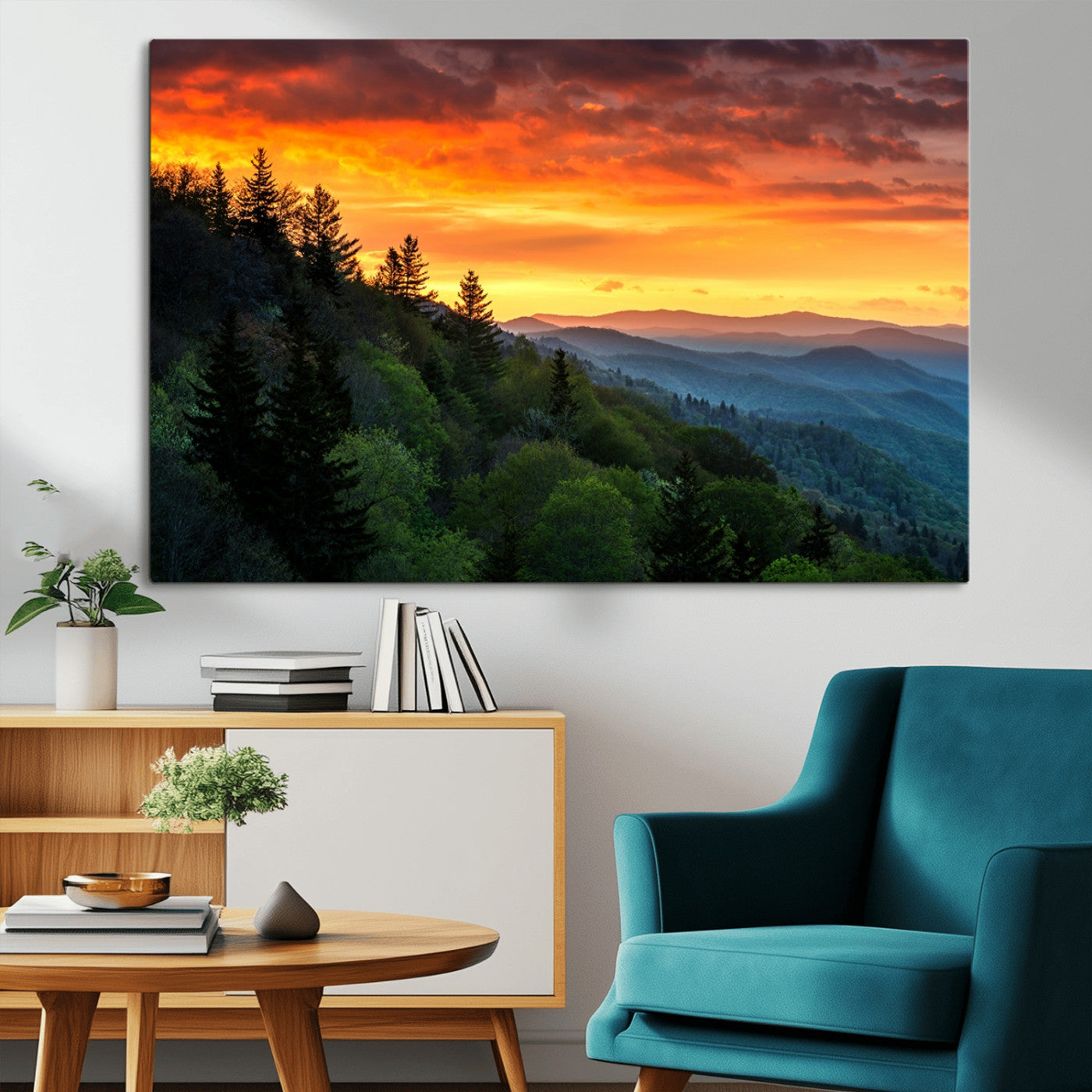 MGV-CV-36X24 - Great Smoky Mountains Sunset Wall Art Canvas Print | 3 Panel Large Nature Landscape Photography for