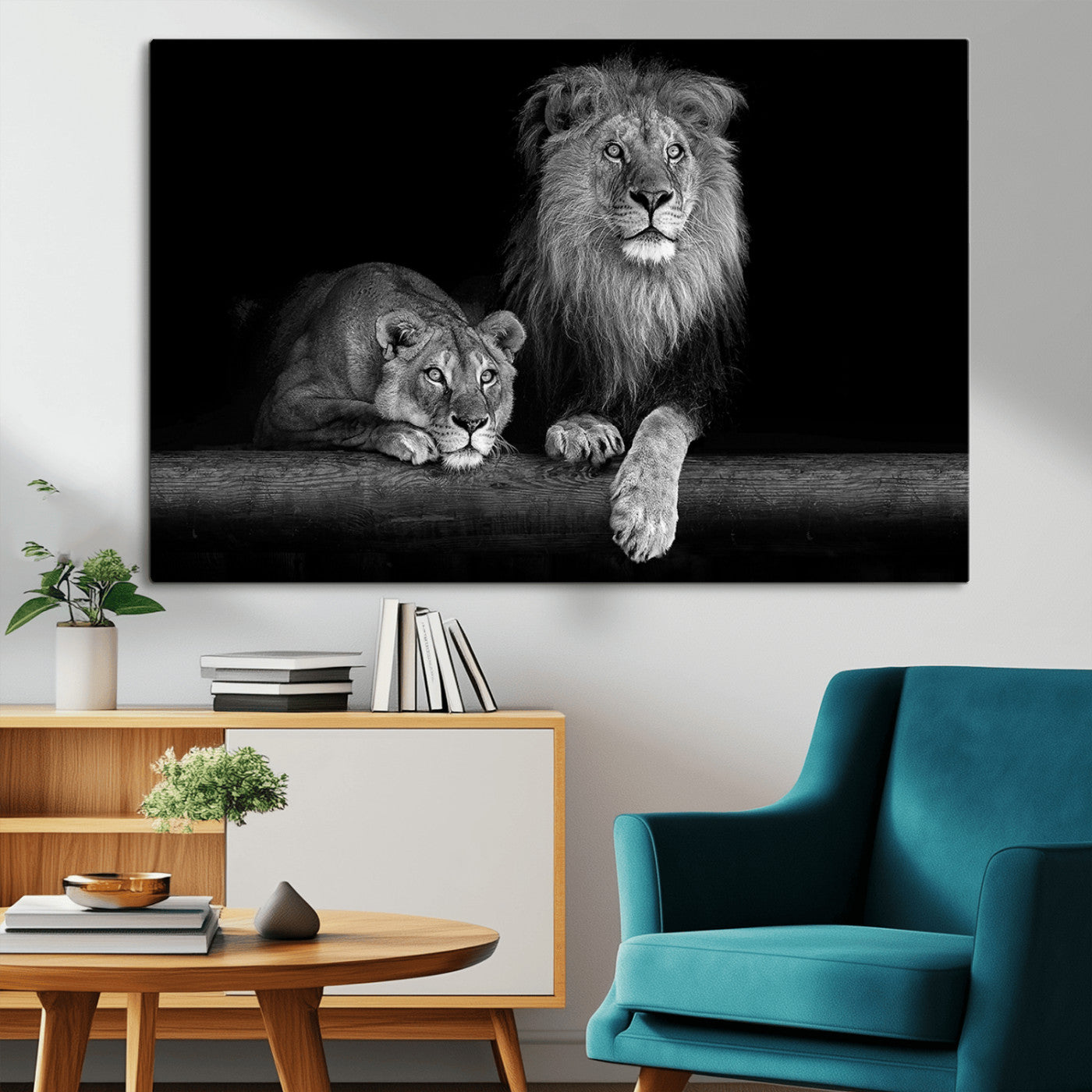 MGV-CV-36X24 - Large Black and White Lion Couple Wall Art Canvas Print